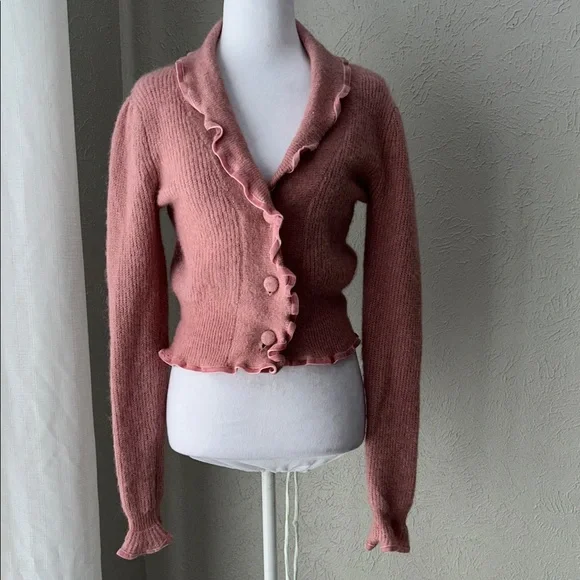 ZARA Pink Ruffle Trim Knit Cardigan Sweater Button Front Size Small - Picture 2 of 11